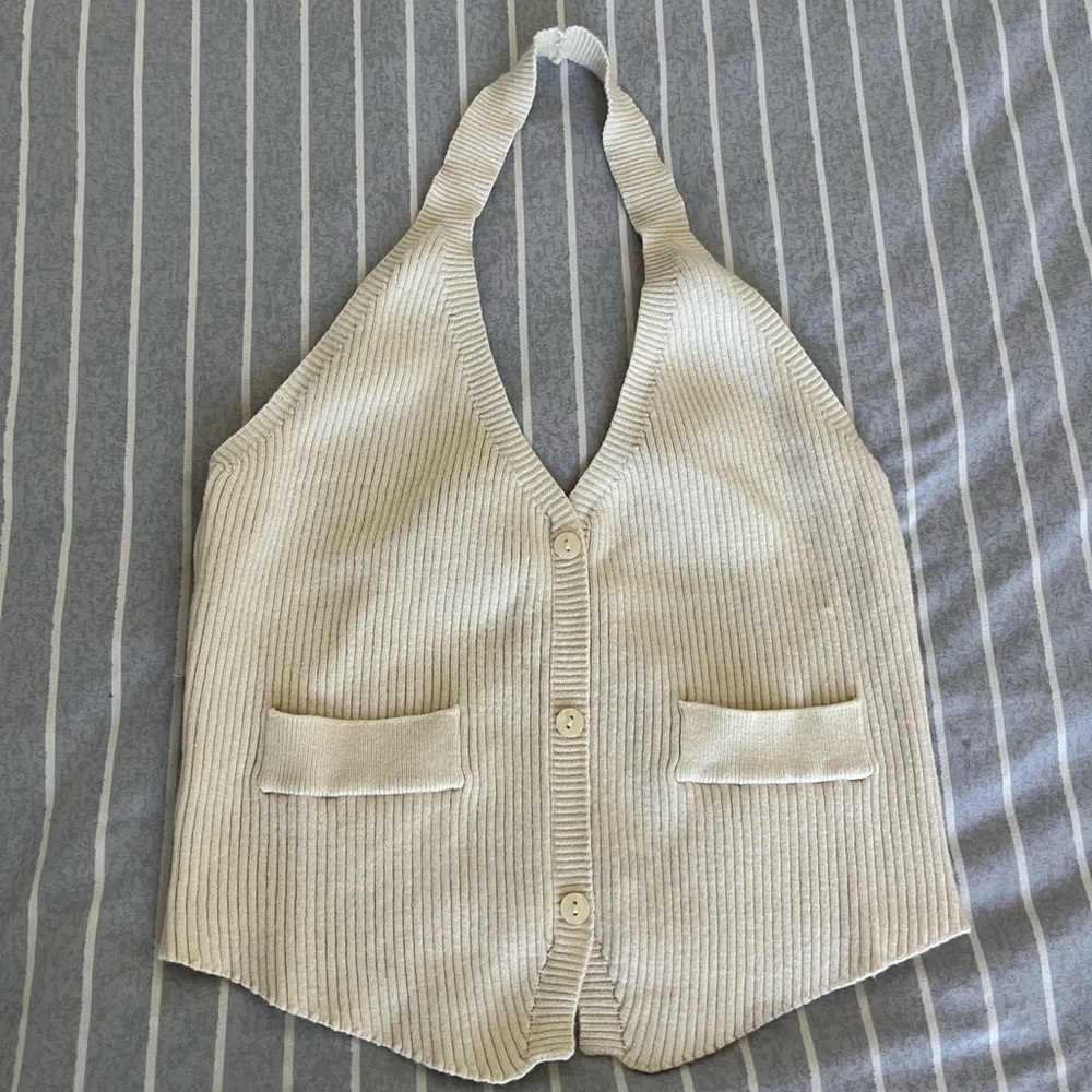 Fashion Nova Cream Ribbed Halter Button-Up Crop